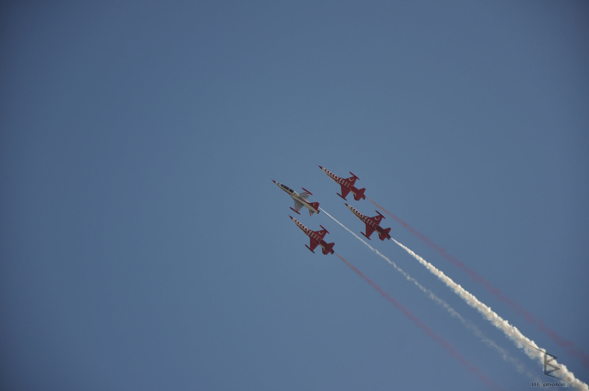 Turkish Stars jets crossing in a tight formation with red and white smoke trails.