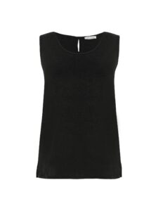 Retouched front view of a black sleeveless top isolated on white.