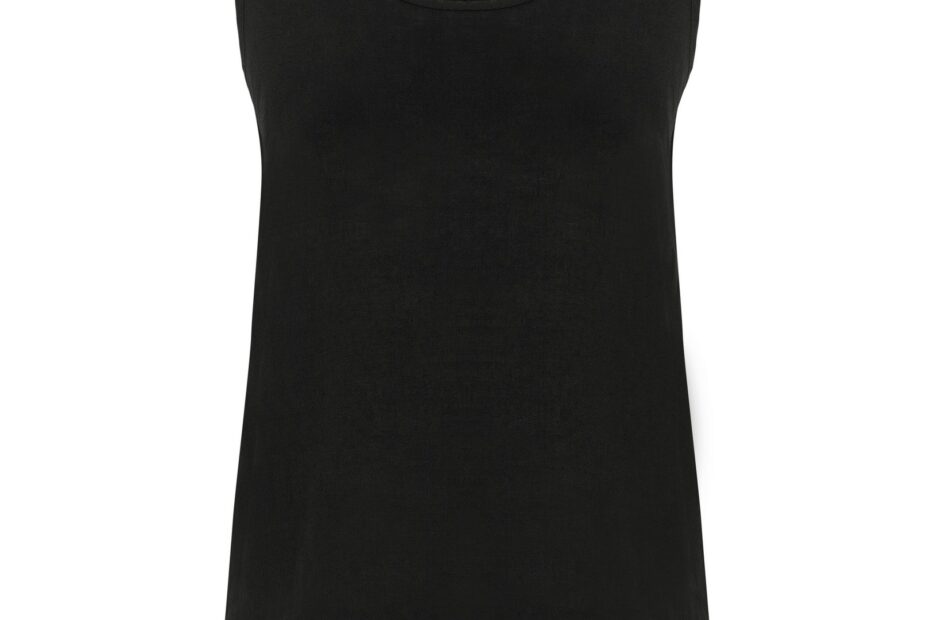 Retouched front view of a black sleeveless top isolated on white.